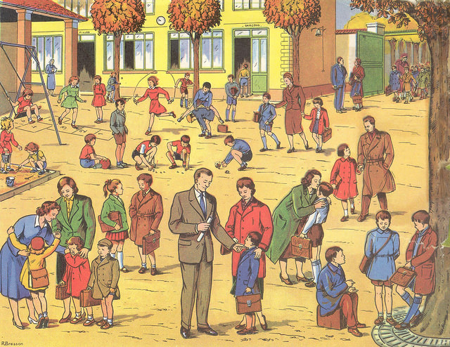 The Return - the pictorial begins in the schoolyard where the parents gather their children for the first day of a new school year. 