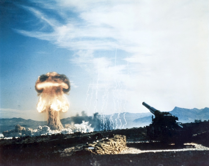 The Grable mushroom cloud with the Atomic Cannon in the foreground.